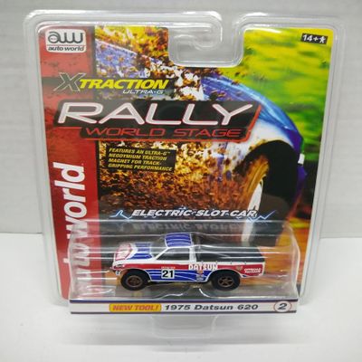 Auto World SC393-2A Rally World Stage 1975 Datsun 620 HO Scale Electric Slot Car - White, Blue, and Red