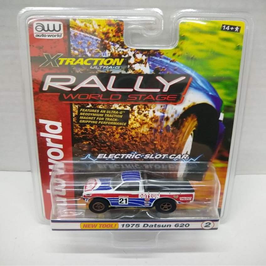 Auto World SC393-2A Rally World Stage 1975 Datsun 620 HO Scale Electric Slot Car - White, Blue, and Red