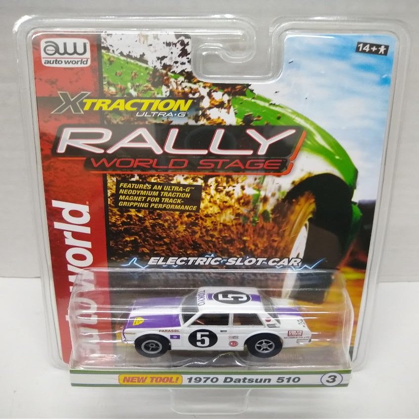 Auto World SC393-3B Rally World Stage 1970 Datsun 510 HO Scale Electric Slot Car - White and Purple