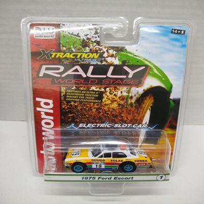 Auto World SC393-1B Rally World Stage 1975 Escort HO Scale Electric Slot Car - White, Yellow, Red, Green, Blue