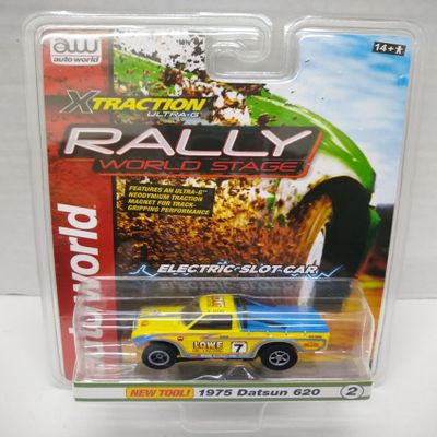 Auto World SC393-2B Rally World Stage 1975 Datsun 620 HO Scale Electric Slot Car - Yellow and Blue