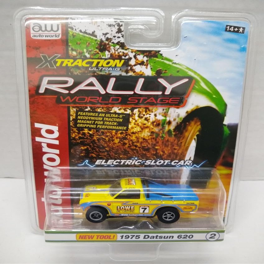Auto World SC393-2B Rally World Stage 1975 Datsun 620 HO Scale Electric Slot Car - Yellow and Blue