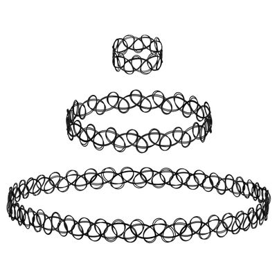 EXPRESSIONS 3pc Assorted Tattoo Stretch Jewelry Collection - Tattoo Choker Necklace, Bracelet & Ring Set - Stretchy Tattoo Effect Jewelry Accessories For Kids And Adults