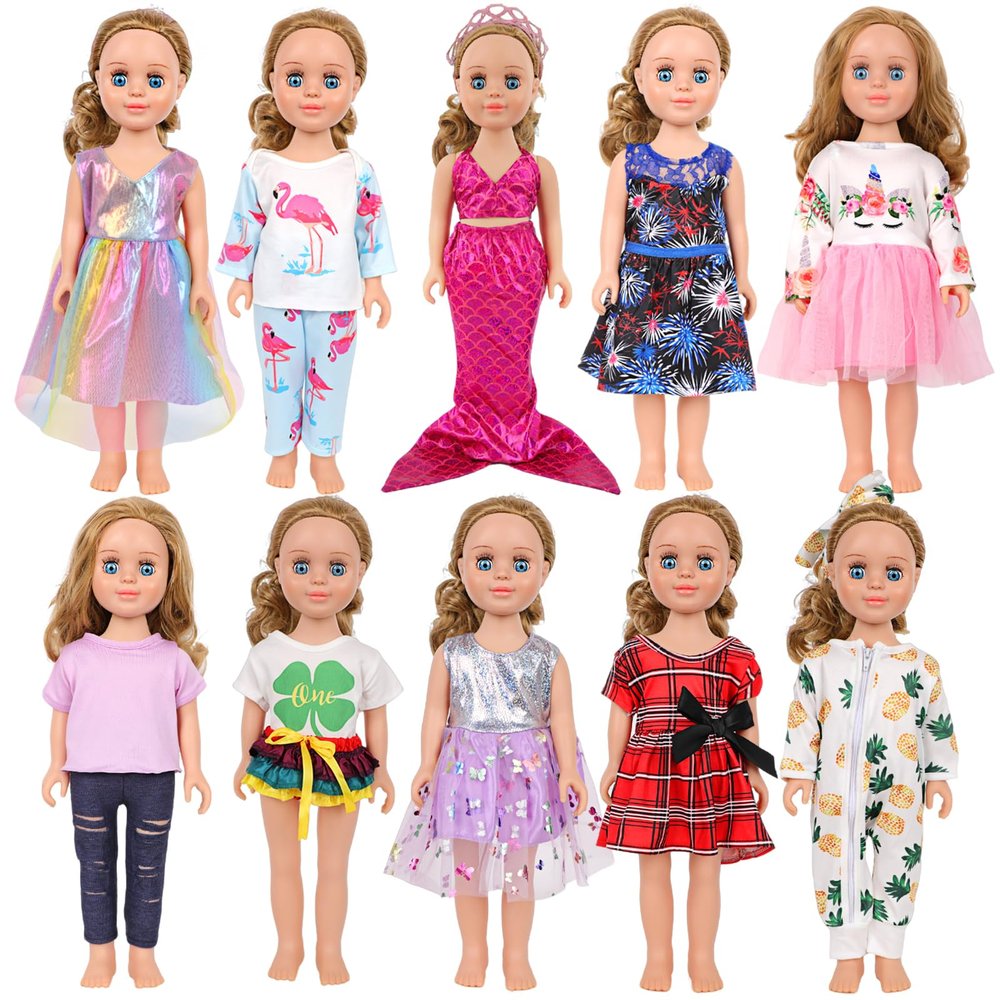 MSYO 10 Sets Doll Clothes for 17 - 18 Inch Dolls, 16 Pcs Fashion Outfits Variety Pack, Floral Dresses, Casual Wear & Pajamas, Girl Doll Dress - Up Set for Play & Gifting