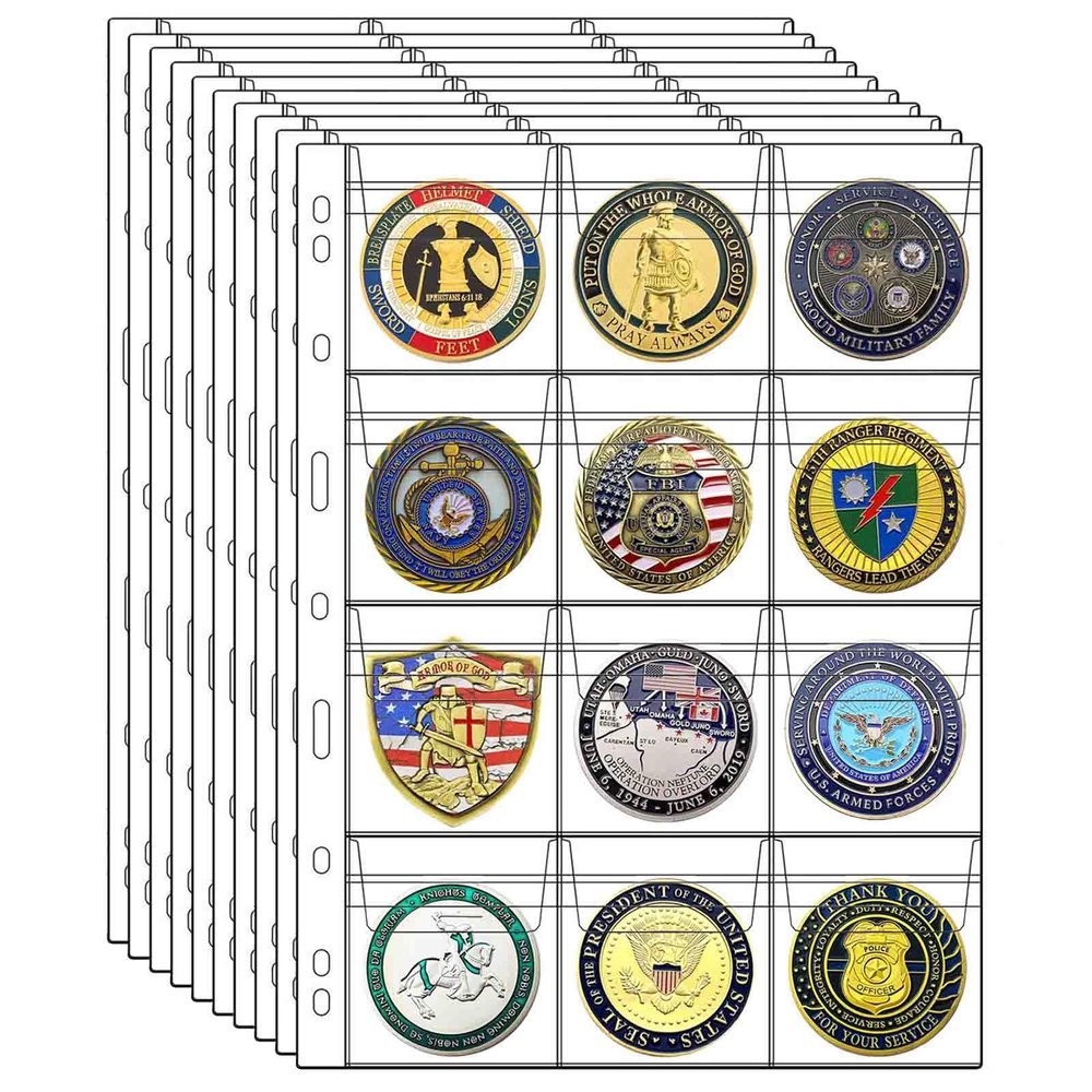 10 Sheets Coin Collection Supplies Pages, Coins Collecting Pocket Page with Standard 9 Hole Coin Binder Sleeves for Coin Stamp Currency Collection (12 Pocket)