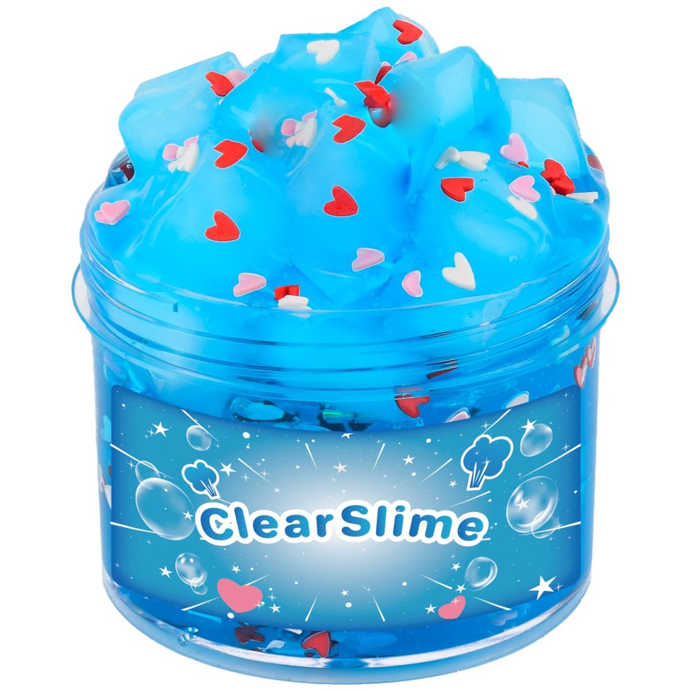Blue Clear Slime with Jelly Cubes Pink Red Hearts Add-ins, Crunchy Crystal Boba Slime Super Soft Sludge Toy with Cute Charms, Party Favors Slime for Girls Boys