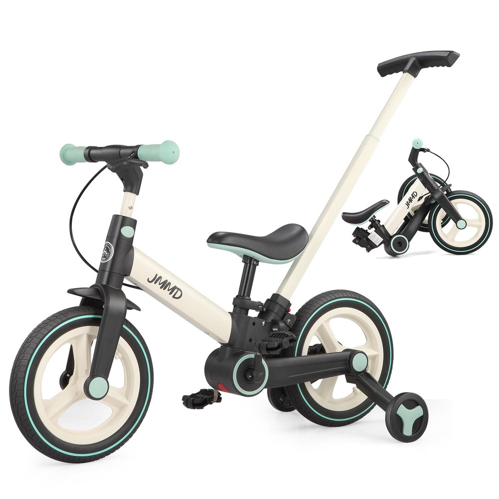 JMMD 6 in 1 Toddler Bike with Push Handle for Kids 18-60 Months, 12" Foldable Balance Bike with Training Wheels, Pedals, Brakes, Kickstand, Push Tricycle Toddler Gift & Toys for Boy & Girl