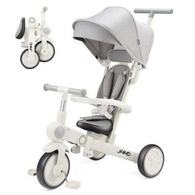 JMMD Baby Tricycle, 7-in-1 Multifunctional Kids Trike with Adjustable Parent Handle, Safety Harness & Wheel Brakes, Removable Canopy, Stroll Trike for Boys & Girls Ages 18 Months-5 Years, Gray