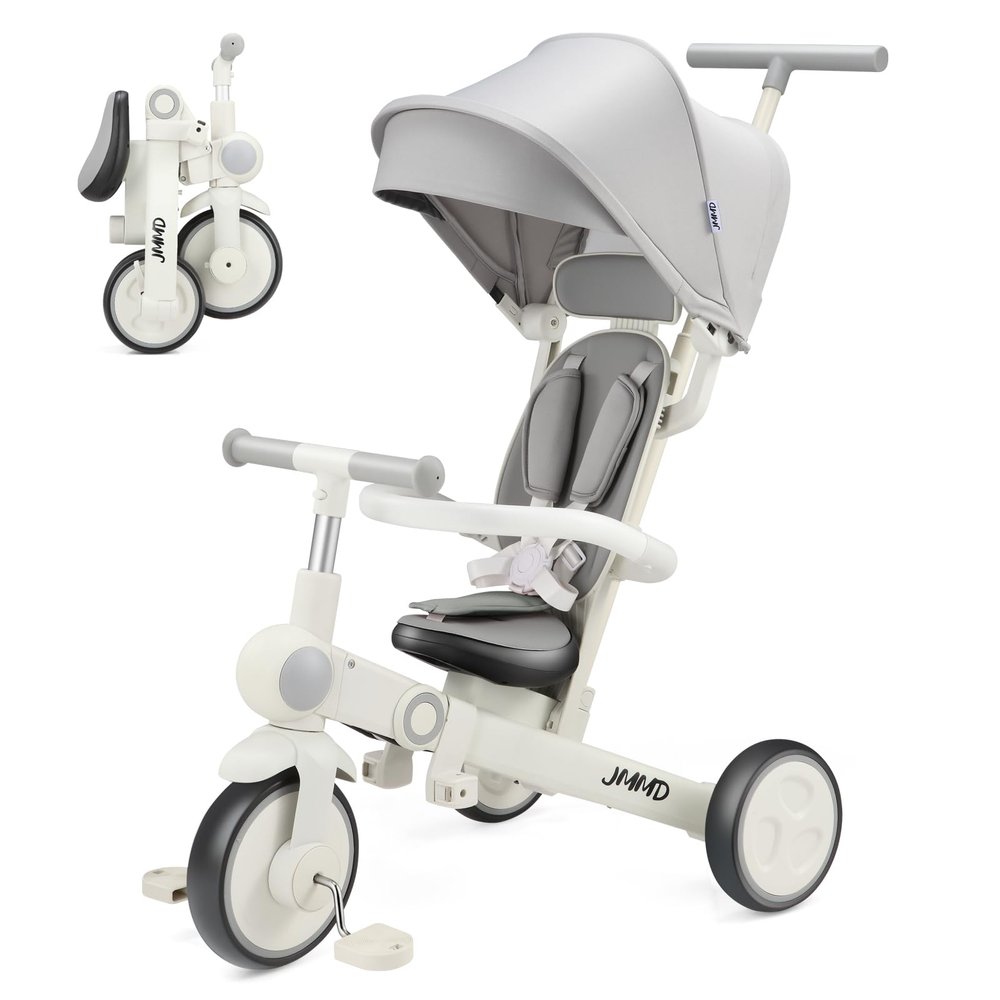 JMMD Baby Tricycle, 7-in-1 Multifunctional Kids Trike with Adjustable Parent Handle, Safety Harness & Wheel Brakes, Removable Canopy, Stroll Trike for Boys & Girls Ages 18 Months-5 Years, Gray