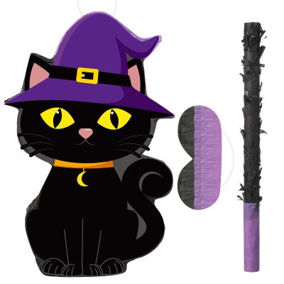 Aoriher Halloween Cat Piata Black Cat Candy Filled Piata with Stick Blindfold Set for Birthday Spooky Halloween Theme Party Decoration