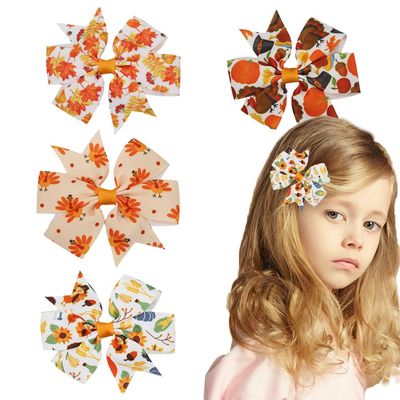 4 Packs Fall Hair Clips Girls Baby Hair Bow Clips with Maple Leaf Turkey Pumpkin Design Autumn Thanksgiving Party Boutique Grosgrain Ribbon Hair Bow with Alligator Clips for Toddlers Infants Kids
