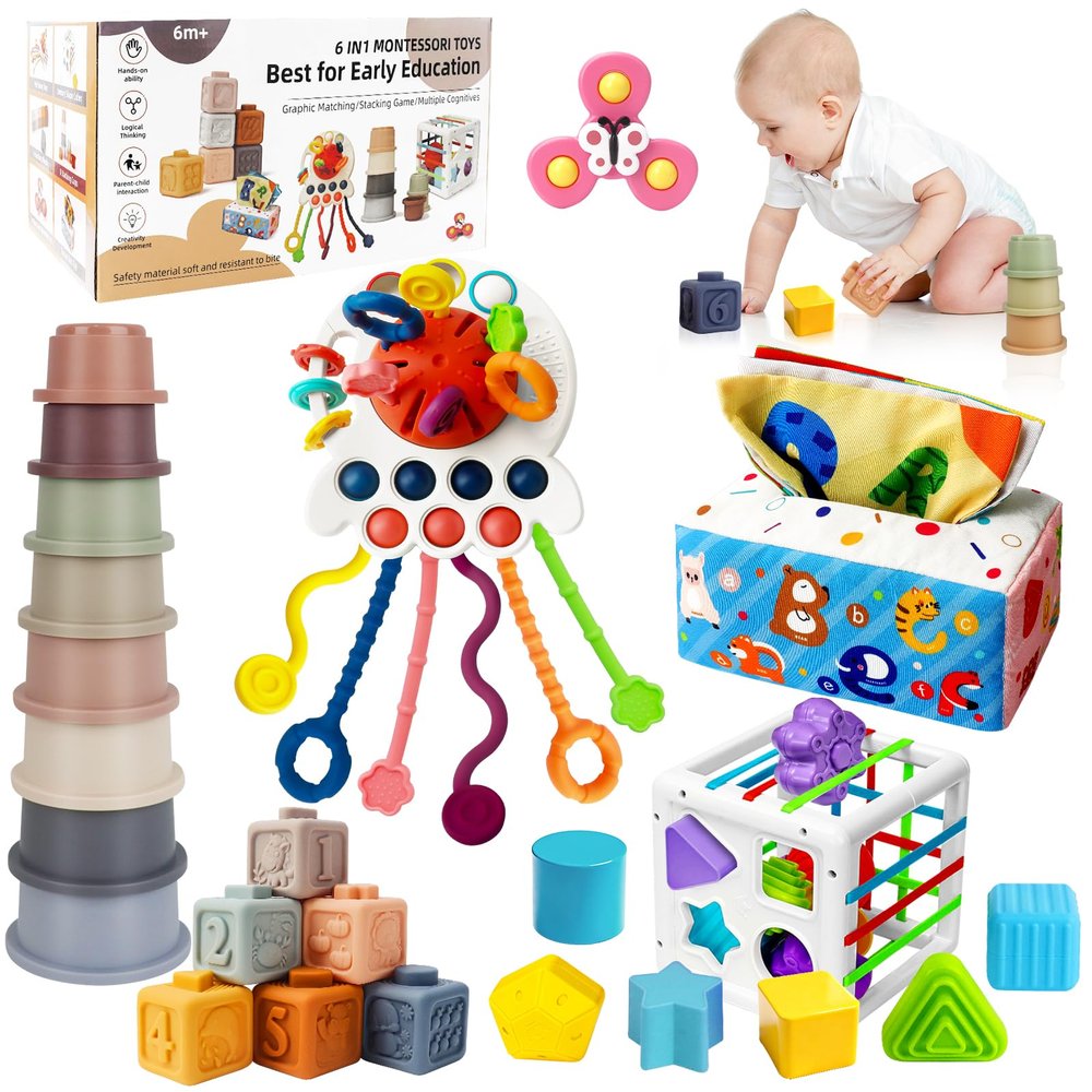 EPOGG 6 in 1 Montessori Toys for Babies 6-12 Months Up - Incl Pull String Toy, Stacking Cups, Tissue Box, Suction Cup Spinner, Stacking Blocks,Activity Cube, Baby Toys for 1 2 3 Year Old