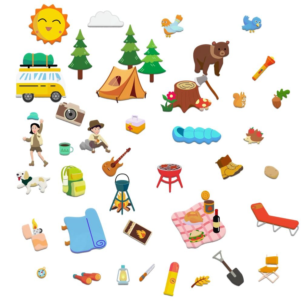 BEUNITONE 50PCS Camping Theme Felt Board Pieces Felt Story Board Set Colorful Storytelling Flannel Board Interactive Early Learning Teaching Play Kits for Classroom Christmas Birthday Gift