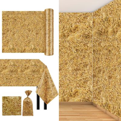 Preboun 82 ft x 54 Inch Hay Bales Decor Hay Table Cloth Roll Large Straw Wall Backdrop Party Decorations Disposable Plastic Cloths for Western Cowboy Farm Halloween Party Supplies