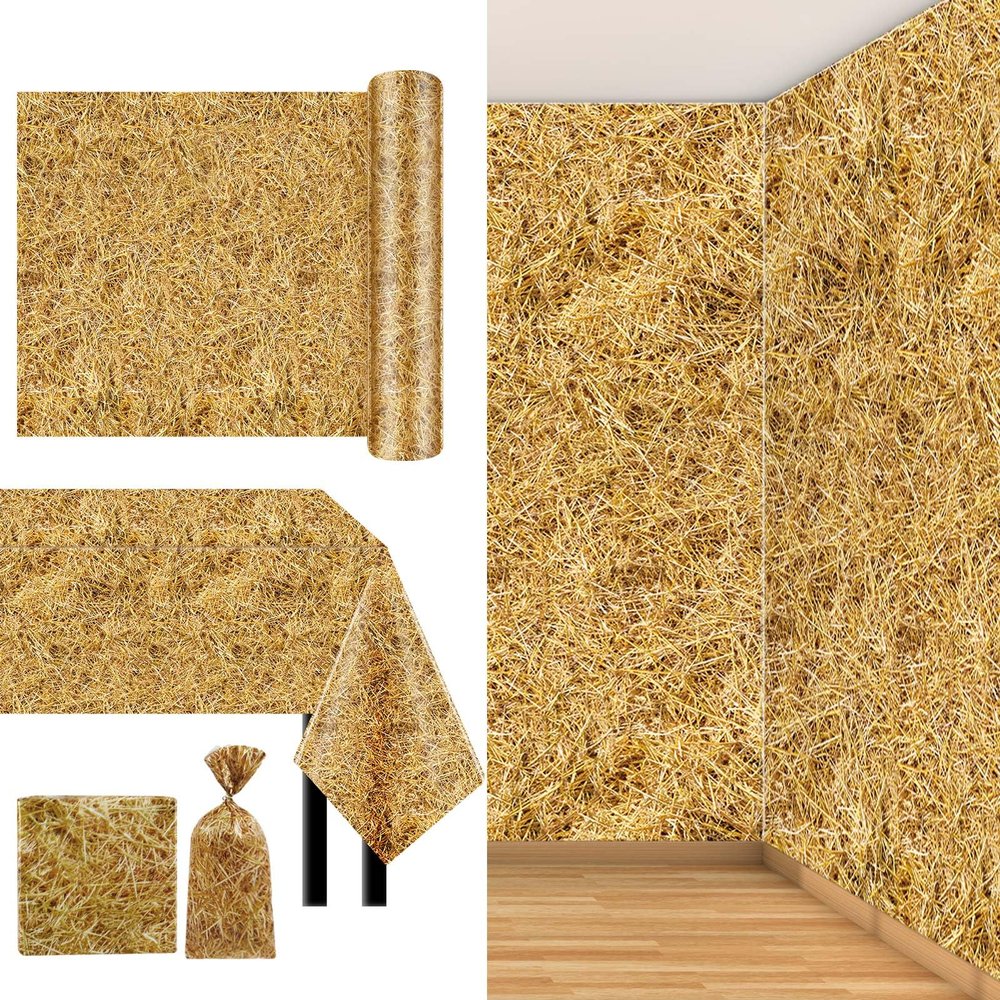 Preboun 82 ft x 54 Inch Hay Bales Decor Hay Table Cloth Roll Large Straw Wall Backdrop Party Decorations Disposable Plastic Cloths for Western Cowboy Farm Halloween Party Supplies