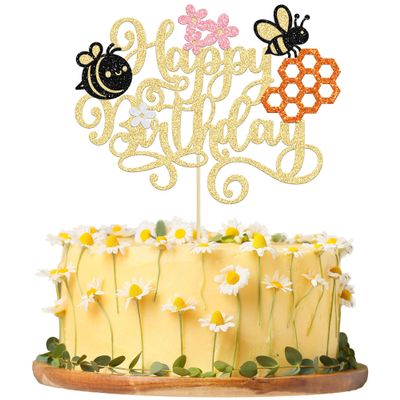 1 Pack Happy Bee Day Cake Topper Bumble Bee Happy Birthday Cake Decoration for Bee Theme Baby Shower Kids Boys Girls Birthday Party Cake Decorations Supplies Gold