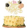 1 Pack Happy Bee Day Cake Topper Bumble Bee Happy Birthday Cake Decoration for Bee Theme Baby Shower Kids Boys Girls Birthday Party Cake Decorations Supplies Gold view 1