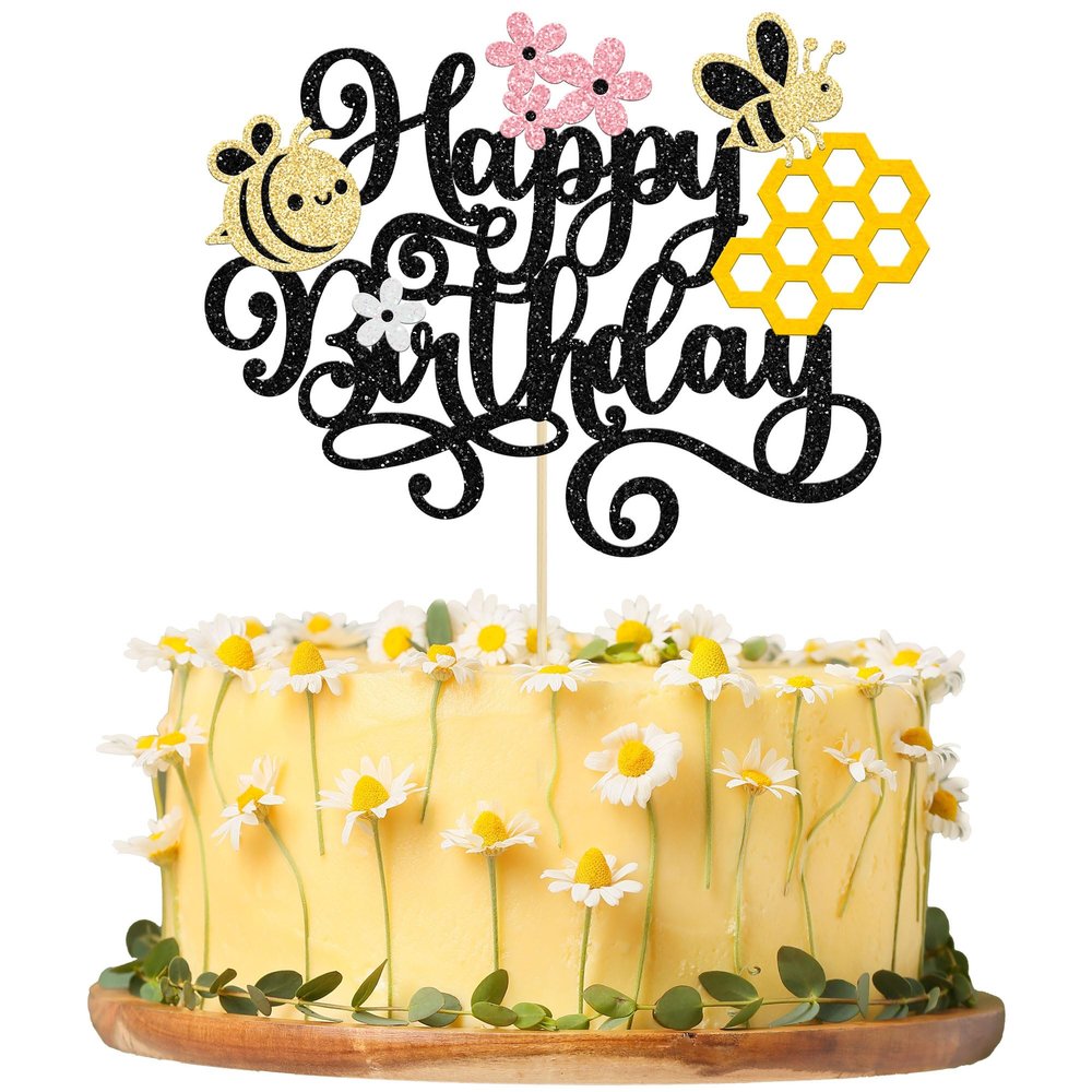 1 Pack Happy Bee Day Cake Topper Bumble Bee Happy Birthday Cake Decoration for Bee Theme Baby Shower Kids Boys Girls Birthday Party Cake Decorations Supplies Black
