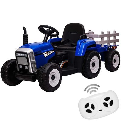 12V Kids Ride On Tractor with Trailer & Remote Control, Toddler Battery Powered Electric Car Slow Start 7LED Headlights USB Music Player 2+1 Gear Shift, Blue, 35W/ EVA Tire