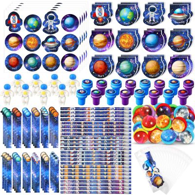 Cholemy 192 Pcs Space Party Favors Space Theme Supplies Outer Astronaut Stationery Set Notebook Bouncy Ball Sticker Stamper Eraser Ruler Pencil Bag for Galaxy Birthday Gift Classroom Prize