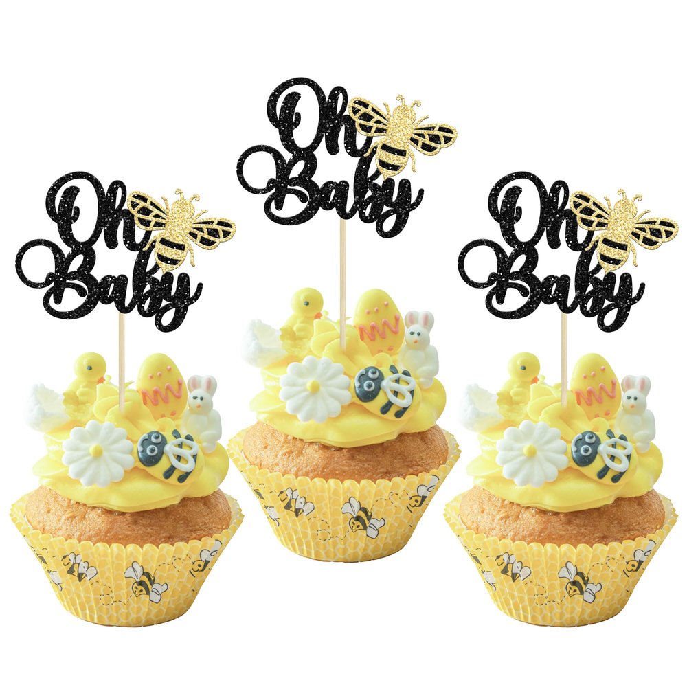 24Pcs Bee Oh Baby Cupcake Toppers Glitter Oh Babee Cupcake Picks Bumble Bee Theme Baby Shower Kids First Birthday Party Cake Decorations Supplies Black