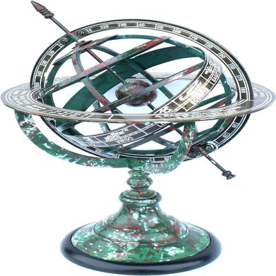 Divine Handicraft Rustic Astrolabe, Zodiac, Engraved, Celestial, 11" Height Brass Armillary Sphere Globe with New Finish. (Green Patina).