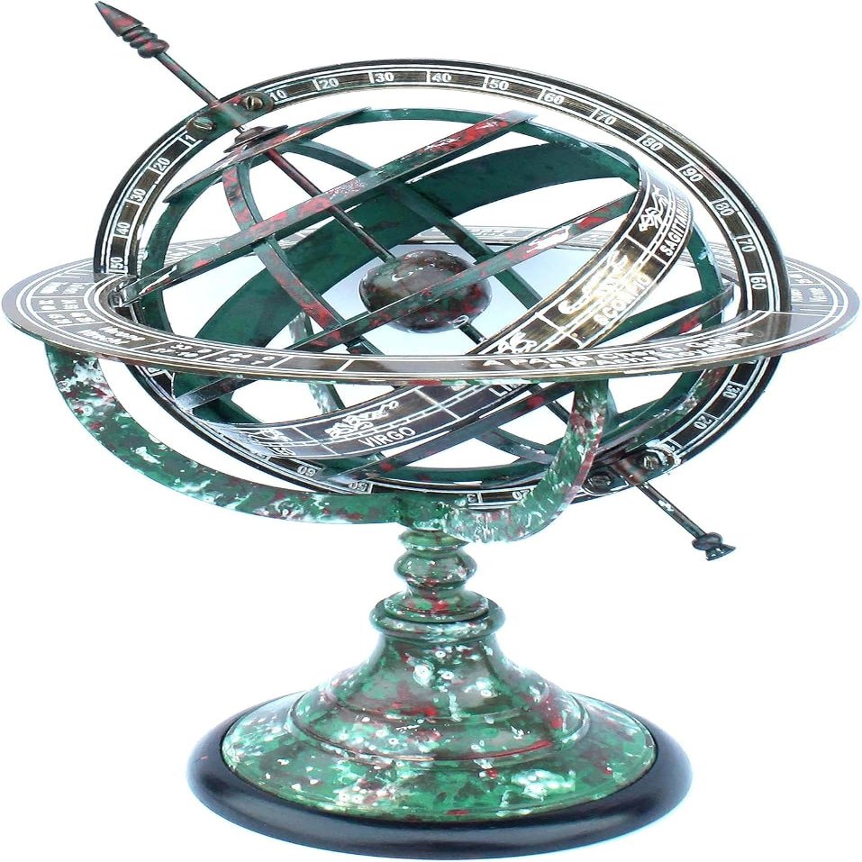 Divine Handicraft Rustic Astrolabe, Zodiac, Engraved, Celestial, 11" Height Brass Armillary Sphere Globe with New Finish. (Green Patina).