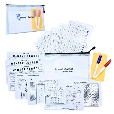 Travel Games For Families: Winter Highway Game, 36 Unique Games, Reusable Laminated Cards with 2 Dry Erase Markers, Kid Scavenger Hunt Game, Multiplayer Games for Kids, Christmas Gift