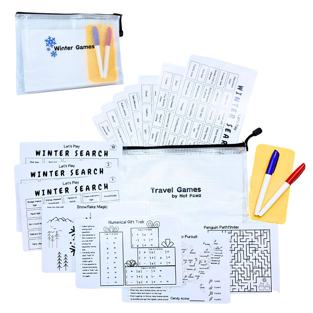 Travel Games For Families: Winter Highway Game, 36 Unique Games, Reusable Laminated Cards with 2 Dry Erase Markers, Kid Scavenger Hunt Game, Multiplayer Games for Kids, Christmas Gift