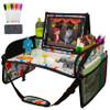 Lusso Gear Kids Car Seat Travel Tray - Dry-Erase Tablet Holder for Road Trip Activities - Cup Holder & Storage for Toddler Travel Essentials - Plane Activity Tray for Airplane Essentials - Dinos view 1