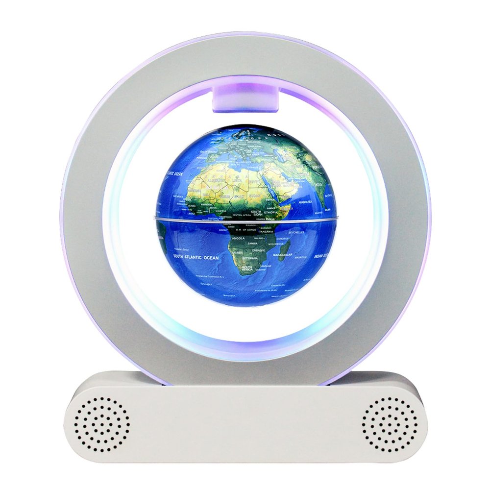 BEBEVOGUE Personalized Magnetic Levitating Globe with Bluetooth Speaker Anti Gravity Floating 4in World Globe Cool Gift for Men Kids Friend Home Office Desk Gadget Decor (White Blue)