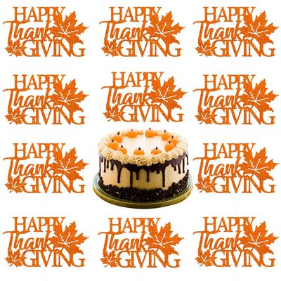 10PCS Happy Thanksgiving Cake Topper Glitter Cupper Topper with Maple Leaf Design - Thanksgiving Cake Toppers Pick for Fall Party Cake Decoration Supplies Orange