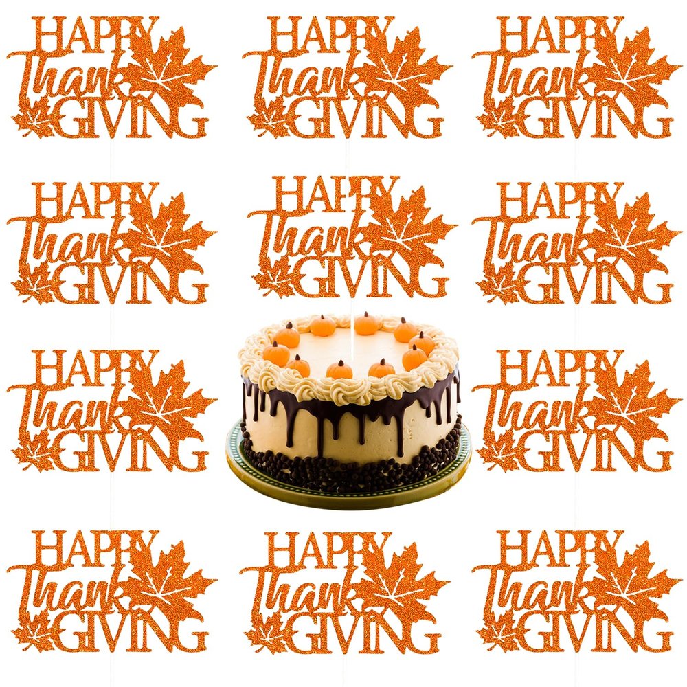 10PCS Happy Thanksgiving Cake Topper Glitter Cupper Topper with Maple Leaf Design - Thanksgiving Cake Toppers Pick for Fall Party Cake Decoration Supplies Orange