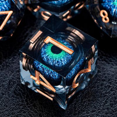 ORIFANTOU Dragon Eye Liquid Core DND Dice with Box, Green Blue Sharp Edge Polyhedral Dice Set Resin Handmade Transparent D and D Dice for use with D&D RPG Tabletop Games