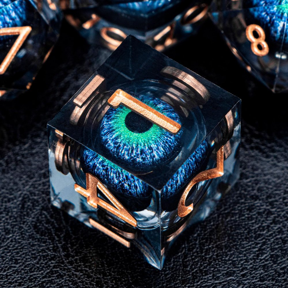 ORIFANTOU Dragon Eye Liquid Core DND Dice with Box, Green Blue Sharp Edge Polyhedral Dice Set Resin Handmade Transparent D and D Dice for use with D&D RPG Tabletop Games