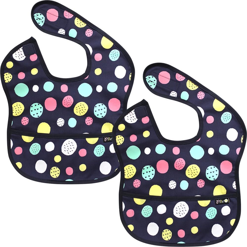 Plie 2 Pack Waterproof Baby Bibs with Food Catcher Soft Feeding Bibs Set for Toddlers and Infants, BPA-Free, Easy to Clean, Adjustable Velcro Neck (624 Months) - Ugly Dot