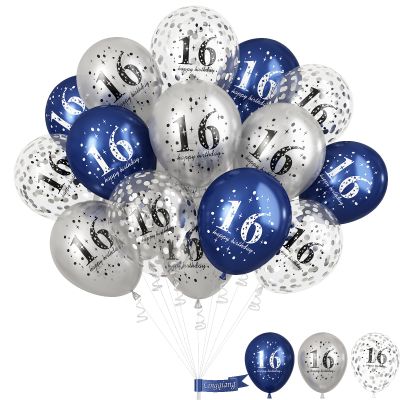 16th Birthday Decorations Boys, Pack of 15 Happy 16th Birthday Balloons Latex Helium Navy Blue Silver Confetti Balloons for Age Sixteen 16 Years Old Birthday Party Decorations Celebration Supplies
