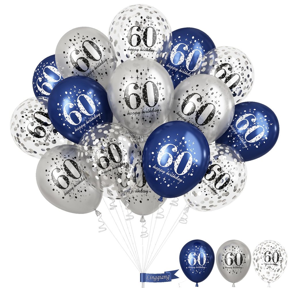 60th Birthday Decorations for Men, 15 Pieces Navy Blue Silver Happy 60th Birthday Latex Balloons Set for Him, 60th Party Decorations for Age 60 Years Old 60th Birthday Party Decor Celebration Supplies