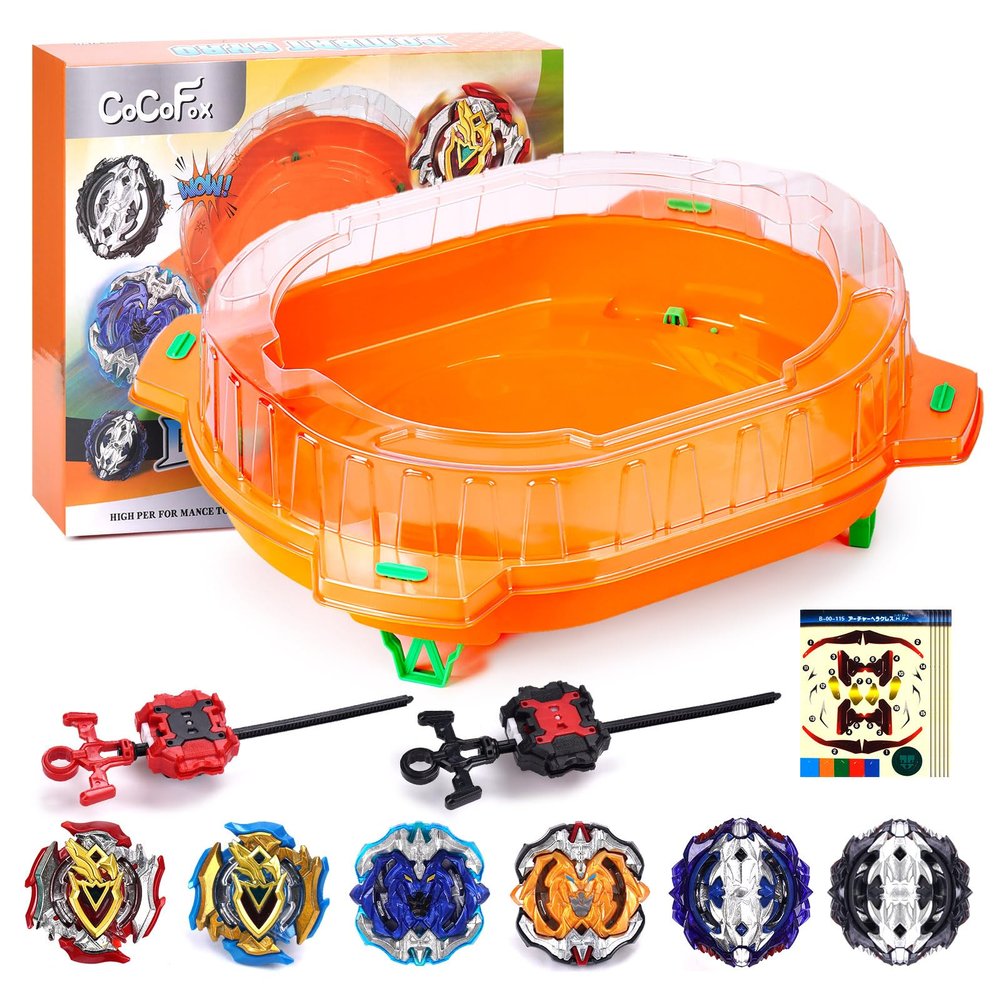 COCOFOX Battling Top Burst Toy Set, 6 Battling Tops 2 Launchers and 1 Stadium, Toys for 6 Year Old Boys & Girls & UpOrange