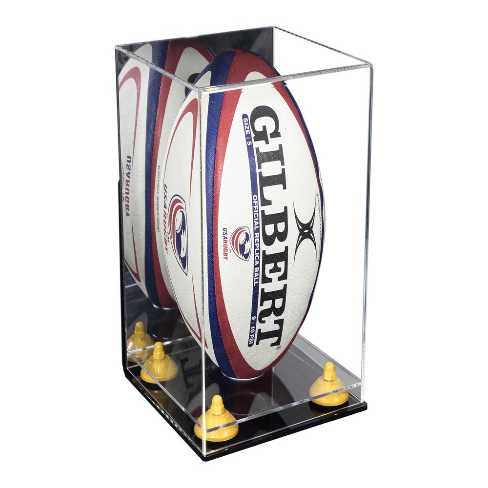 Better Display Cases Acrylic Rugby Ball Display Case Vertical with Mirror Case, Yellow Risers, Wall Mount and Clear Base 8" x 8" x 12" (A060/B42)
