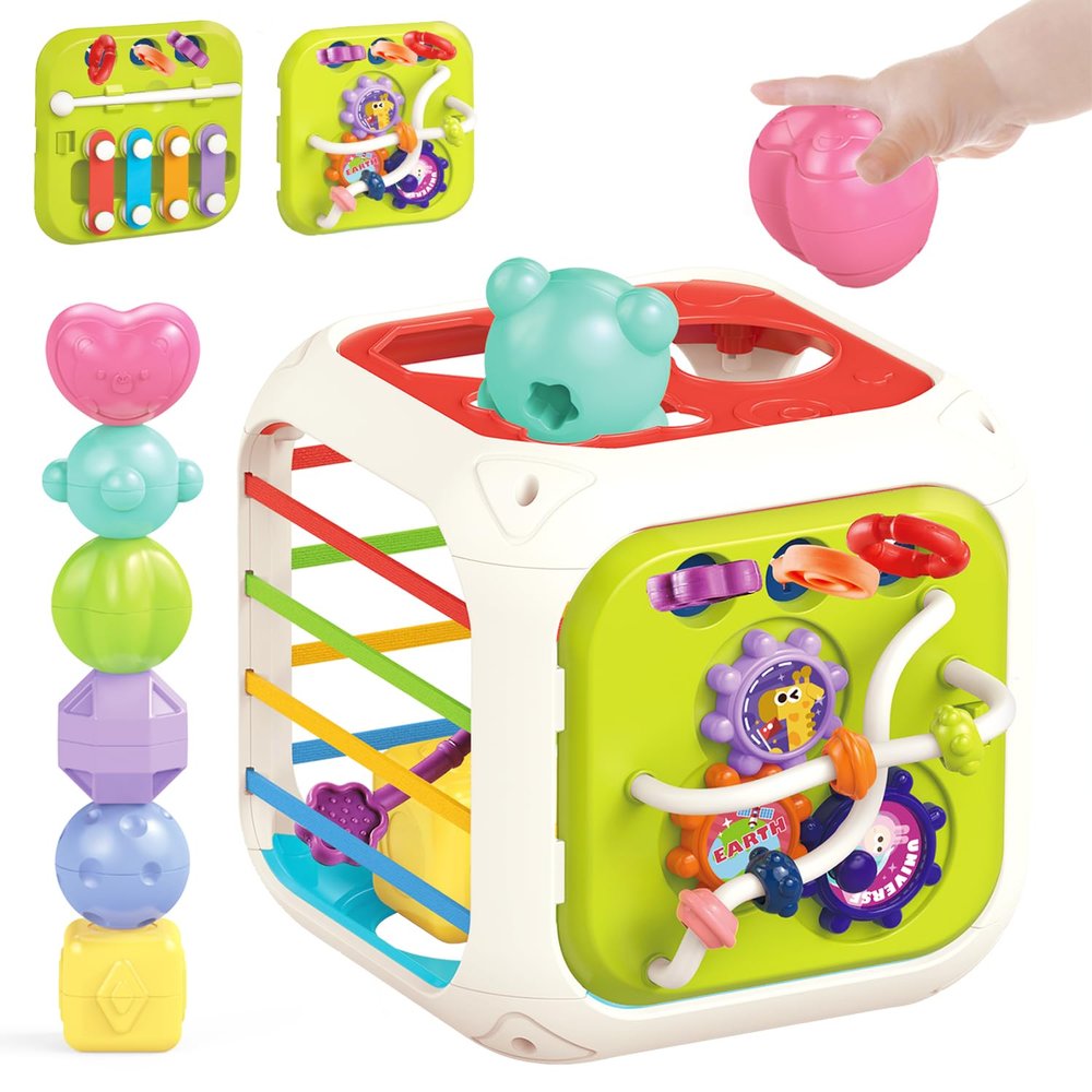 7 in1 Sensory Development Multifunctional Sensory Teething Toys for 2 Year Old Boy Girl,Shape Sorter Pull String Travel Car Toys for 18 Month