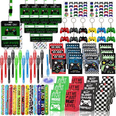 146 Pcs Video Game Party Favors, Gamer Party Favor -Ink Pen Notebook VIP Passes with Lanyards Slap Bracelets Keychains Bags Tattoo Stickers for Kids Gaming Party Favors Game On Birthday Partys Favor