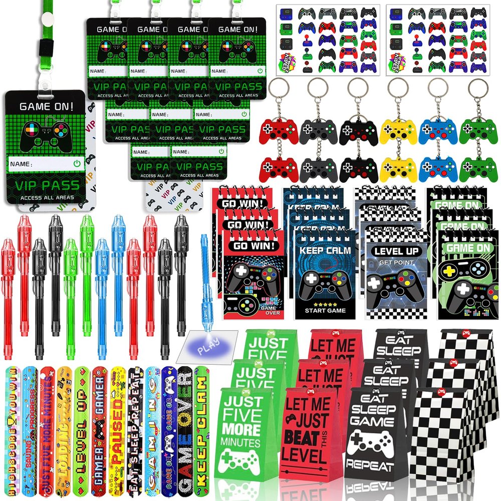 146 Pcs Video Game Party Favors, Gamer Party Favor -Ink Pen Notebook VIP Passes with Lanyards Slap Bracelets Keychains Bags Tattoo Stickers for Kids Gaming Party Favors Game On Birthday Partys Favor