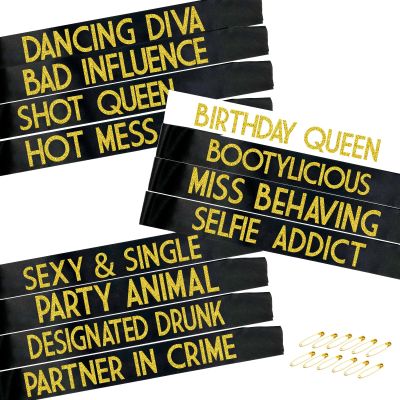 12 Pack Queen Sashes for Women - Birthday Squad Sash Set, Funny Gifts Sashes for Women's Birthday Party Supplies (Black + White + Gold Glitter Letters)