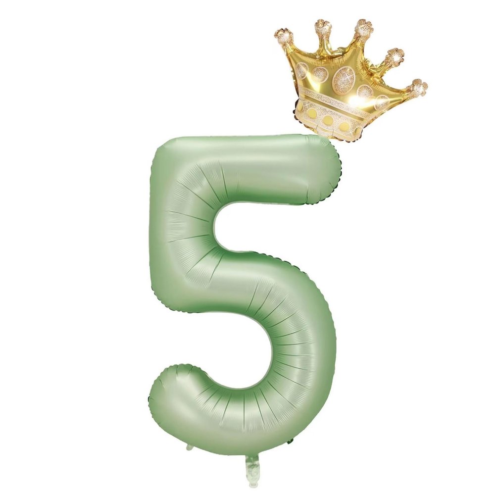 Green Number 5 Balloons 40 Inch, Olive Green Digital 5 Helium Balloons & Mini Crown Balloons, Jungle Safari Birthday Party Anniversary Decorations. (Green 5)