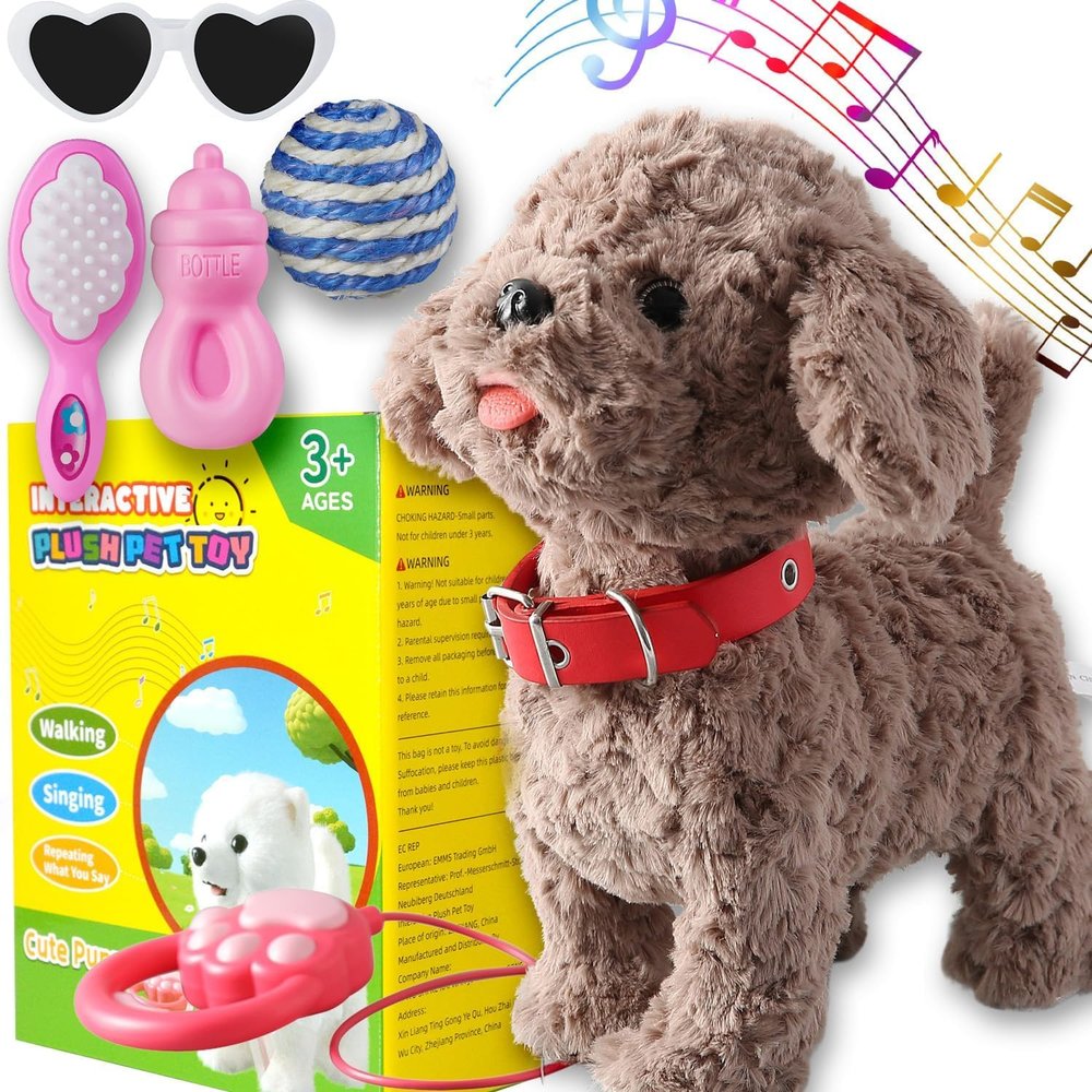 Teddy Walking Barking Dog Toy Singing Puppy Set, Repeat What You Say Teddy with Control Leash Electronic Dog, Touch or Voice Control Realistic Robot Musical Dancing Animated Plush Pet for Toddler
