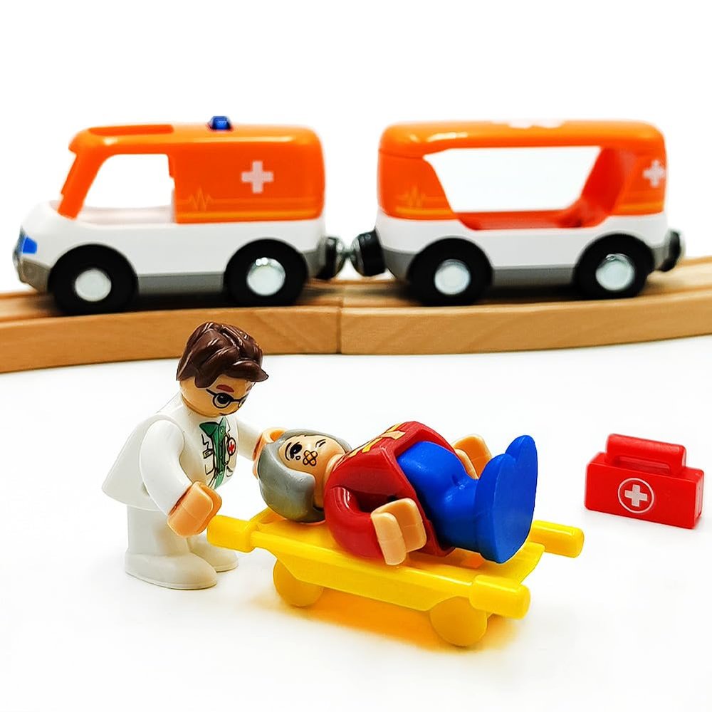 Magnetic Trains Cars Playset Wooden Train Track Accessories Train Set for Toddlers 3-5 Wooden Train Sets for Boys Ages 3-4-7 (Ambulance B (with Light and Sound))