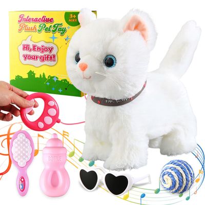 White Leash Walking Cat Set Singing That Purrs and Meows Animated Plush Robot Kitten Pet Moving Plush Realistic Stuffed Animal Remote Control Cute Kawai Robotic Kitty Toy for Kid