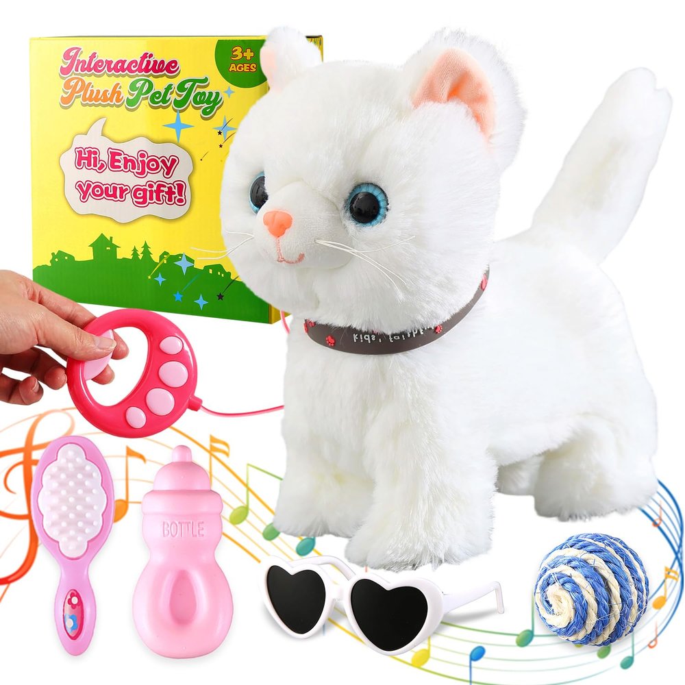 White Leash Walking Cat Set Singing That Purrs and Meows Animated Plush Robot Kitten Pet Moving Plush Realistic Stuffed Animal Remote Control Cute Kawai Robotic Kitty Toy for Kid