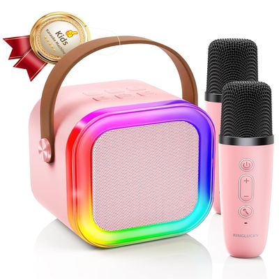 Kinglucky Mini Karaoke Machine for Kids, Top Birthday Gift Pick for Girls Ages 3, 4, 5, 6, 7, 8, 9, 10, 11, 12 Years Old, Kids' Personal Video Players Accessories with 2 Mics Valentines Day Gifts Pink